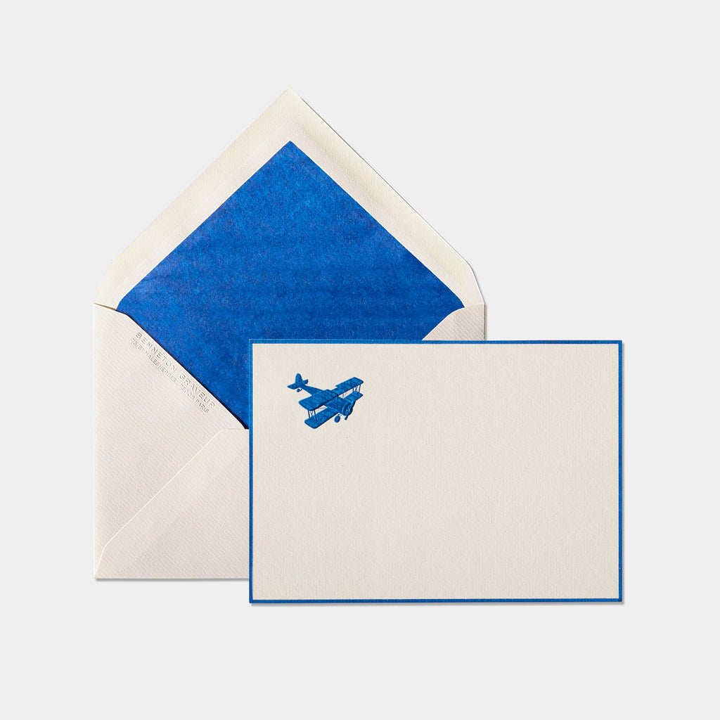 Carte et enveloppe assortie motif Avion Bleu roi