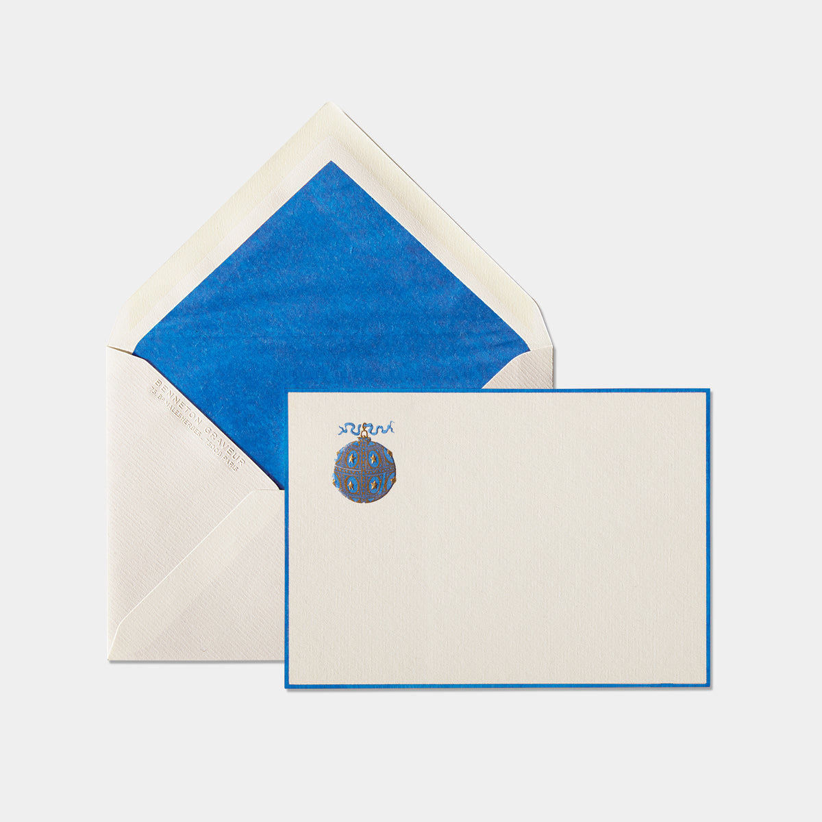Carte et enveloppe assortie motif boule de noel bleu