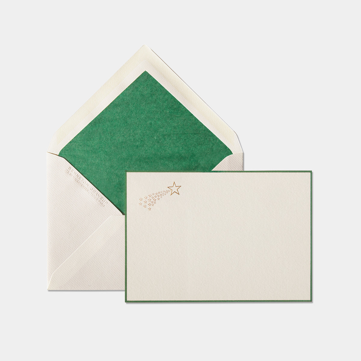 Carte et enveloppe assortie motif etoile filante doré et vert