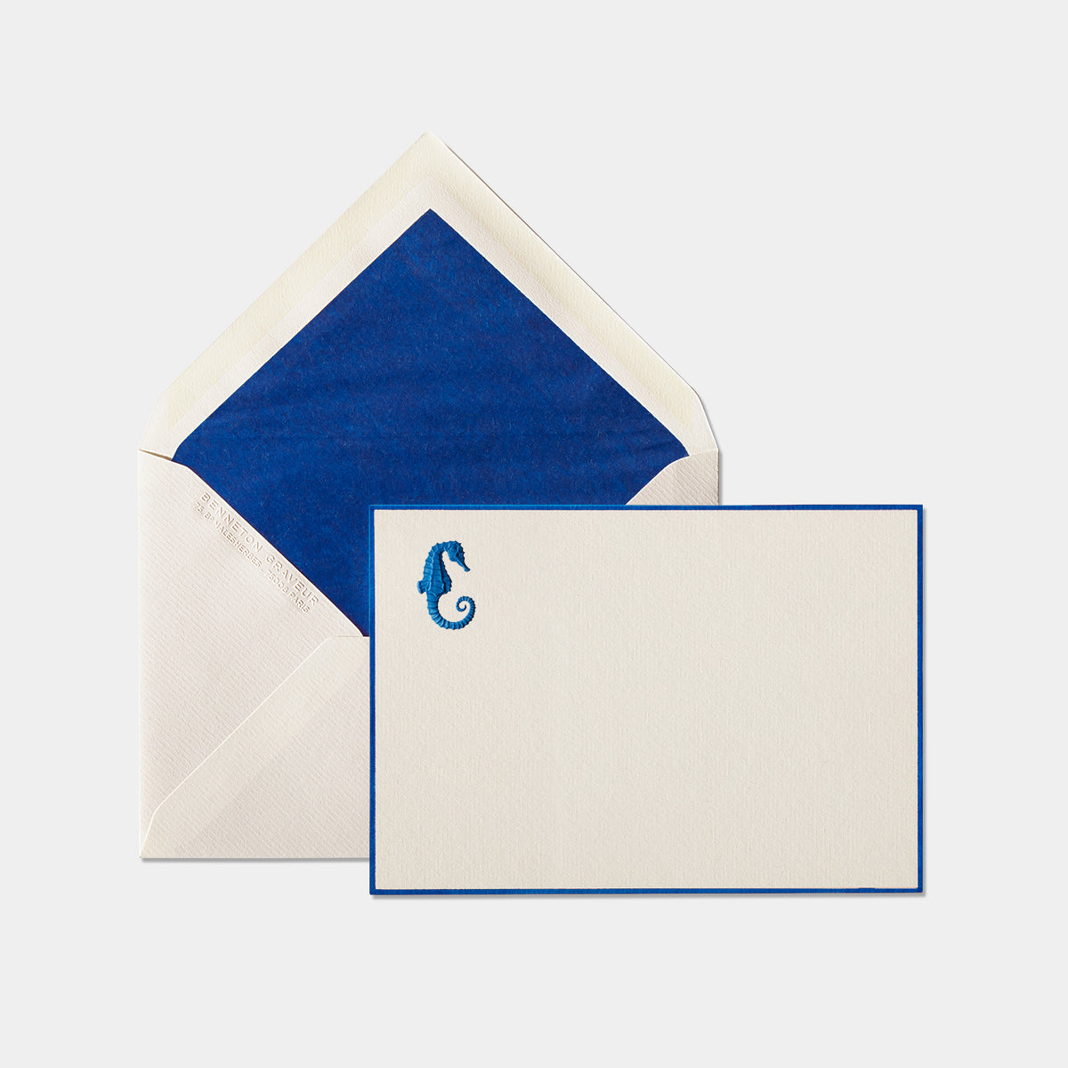 Carte et enveloppe assortie motif hippocampe bleu-roi