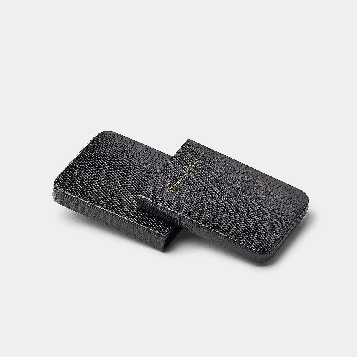 Coulisseau porte-cartes en cuir de lézard noir Benneton Graveur ouvert